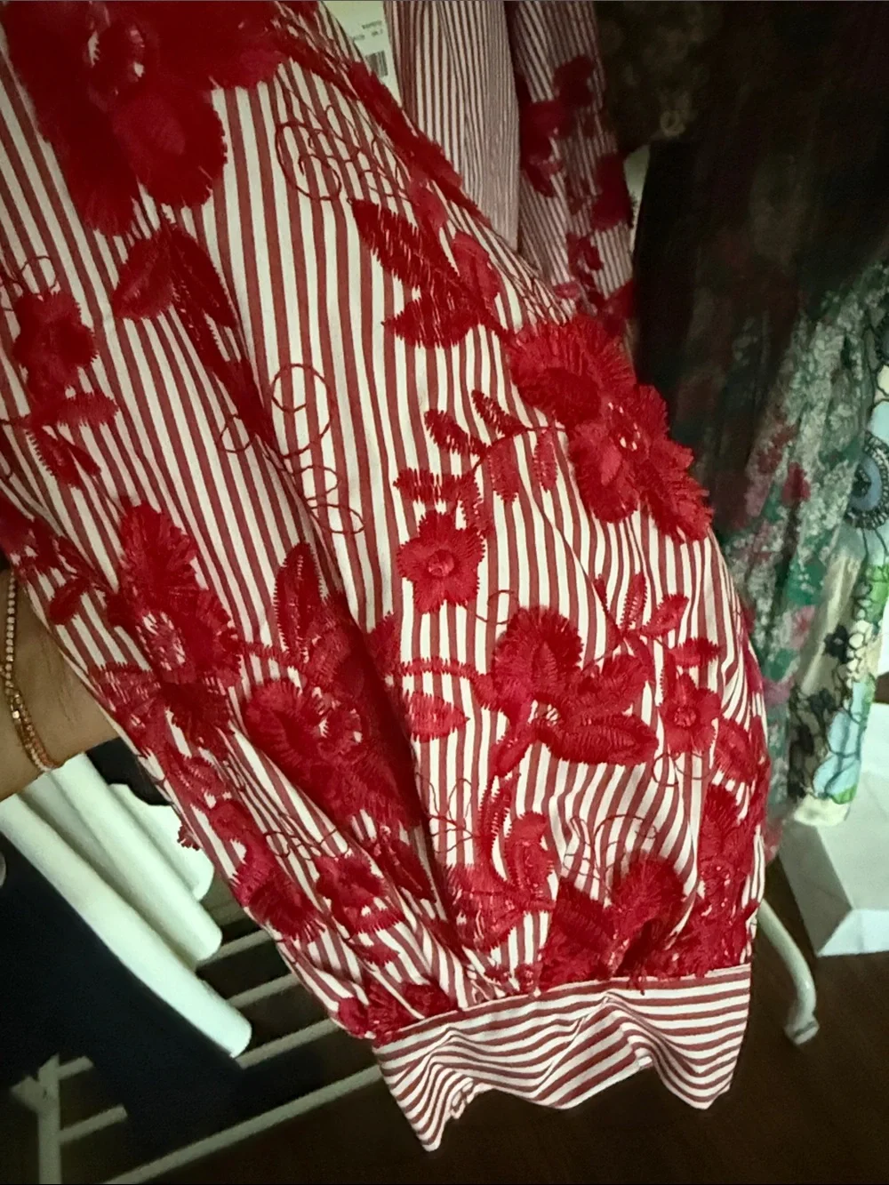 Tuckernuck Red Striped Top with Red Floral Puff Sleeves, NWT